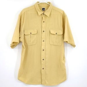 The North Face Medium Mustard yellow brown button down collared shirt outdoors